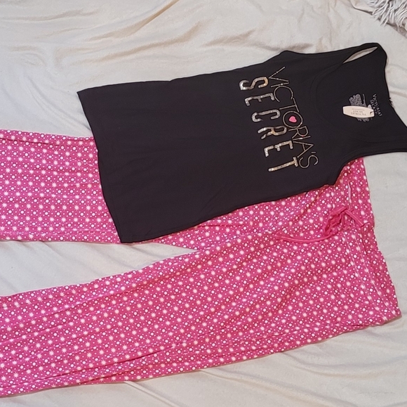 NWT Victoria's Secret Tank Pajama Set Pink Black White Gold Sparkle - Picture 4 of 11
